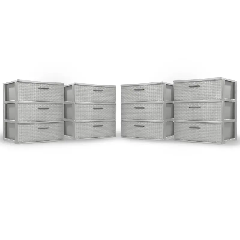 Sterilite Cement-Finish 3-Drawer Wide Storage Tower – Textured Plastic Weave, 4-Pack 1