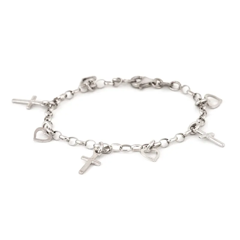 Sterling Silver Bracelet With Heart And Cross Charms 1