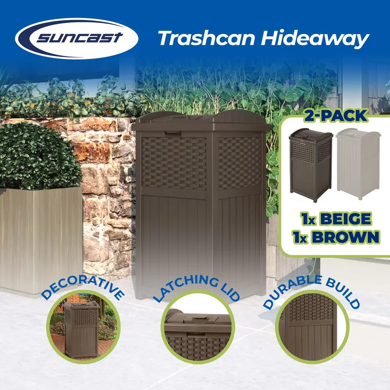 Suncast 33-Gallon Outdoor Trash Hideaway – Two-Tone Beige And Brown Resin Waste Container (2-Pack) 2