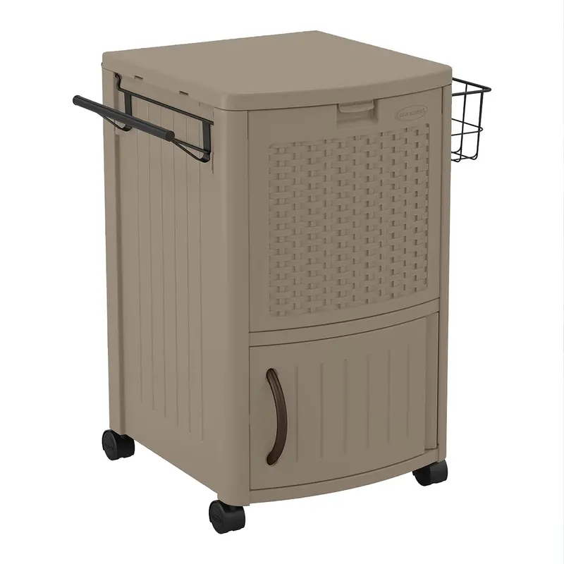 Suncast Dccw3000D 77-Quart Wicker-Style Patio Cooler With Cabinet And Wire Basket 1
