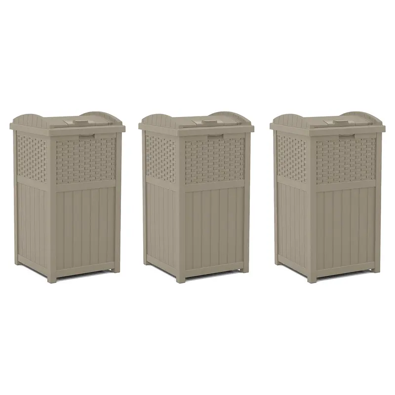 Suncast Wicker-Style Hideaway Trash Can – Dark Taupe With Latching Lid (3-Pack) 1