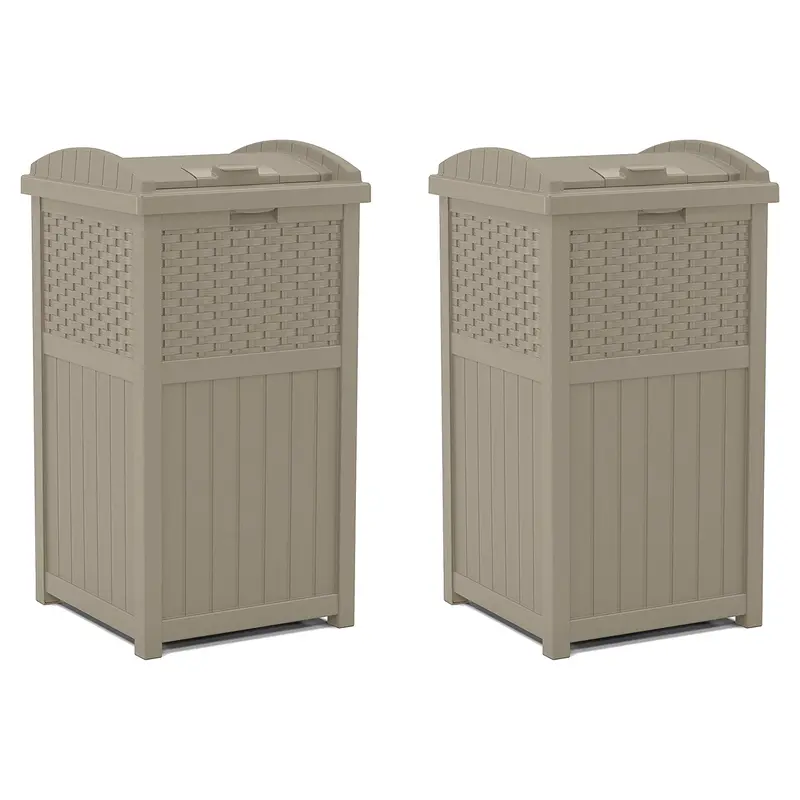 Suncast Wicker-Style Hideaway Trash Can With Secure Latching Lid – Dark Taupe, 2-Pack 1