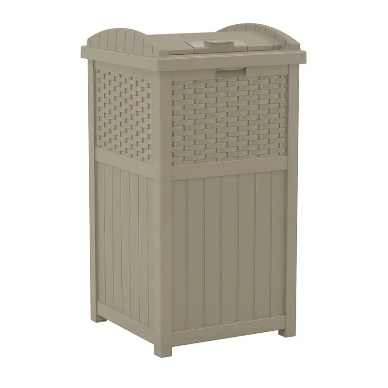 Suncast Wicker-Style Outdoor Hideaway Trash Can – Dark Taupe With Secure Latching Lid 1