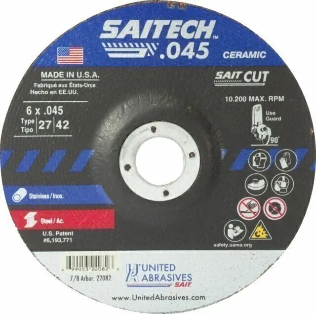 United Abrasives 22082 Saitech Ceramic Cutting Wheel – 6" × .045" × 7/8" Arbor 1