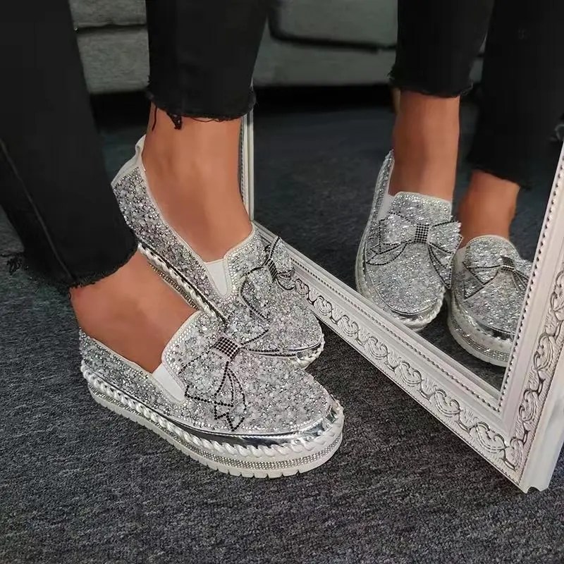 Women’S Rhinestone-Embellished Bowknot Flats – Sparkling Slip-On Shoes 1
